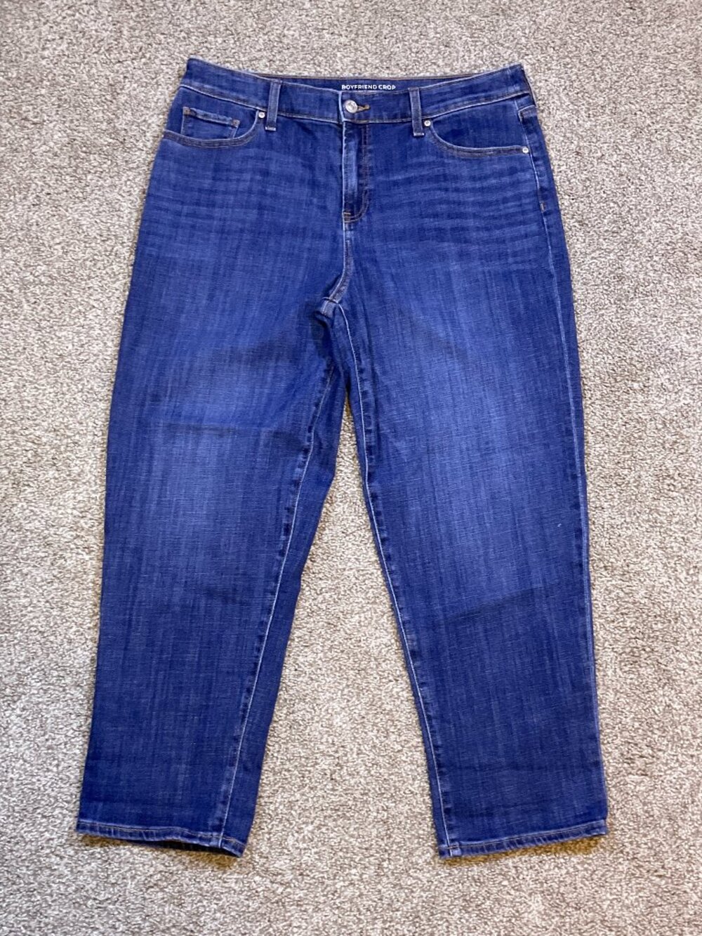 CHICO’S Boyfriend Crop Denim Jeans Blue Stretch Size 1 US 8 Distressed High Rise